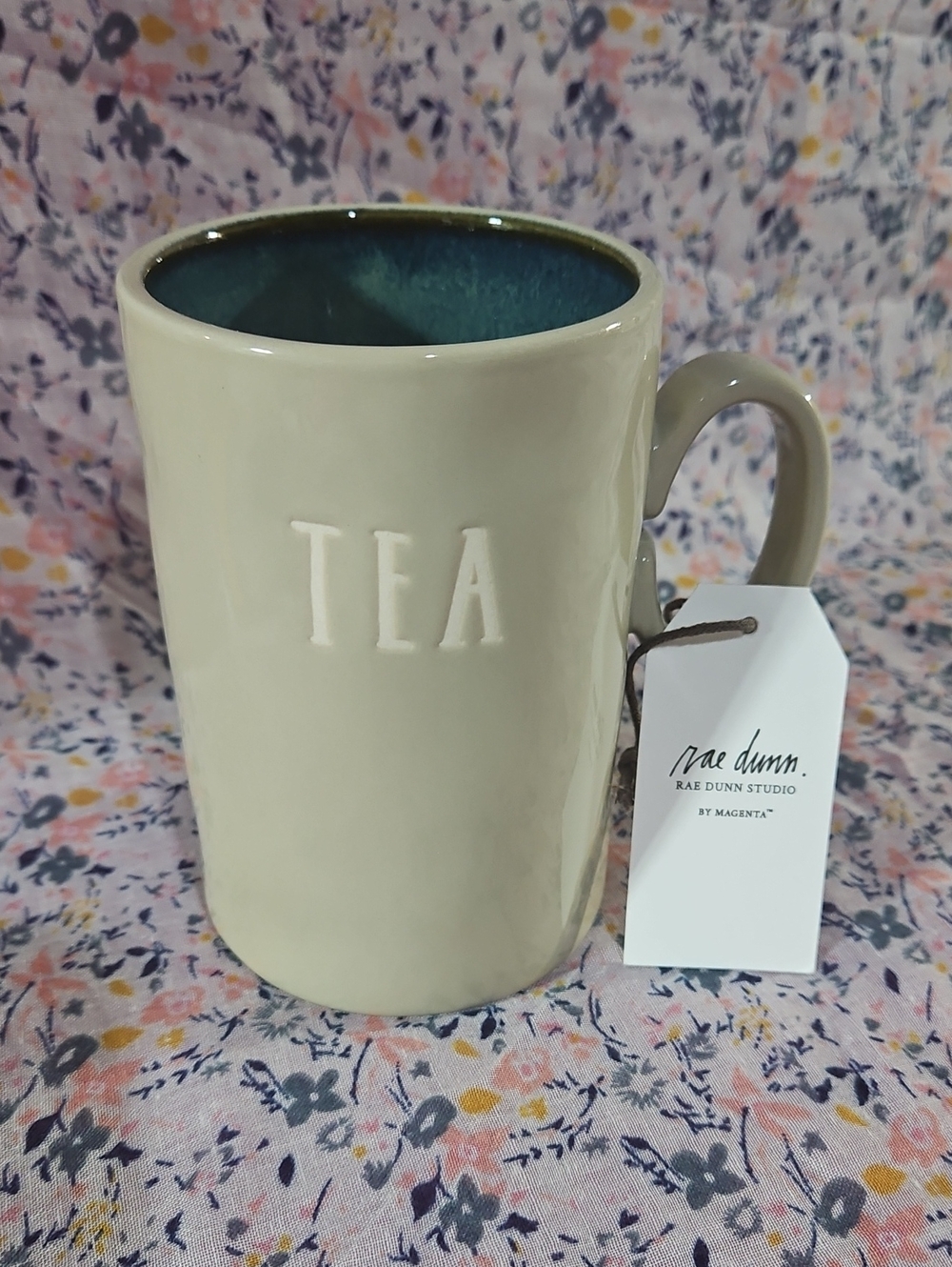 NWT Rae Dunn Studio "TEA" Mug with Embossed Plus Signs & Blue Interior